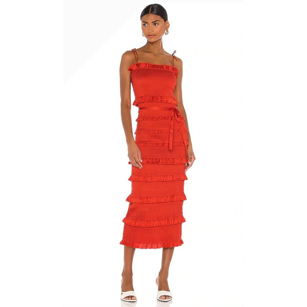 V. Chapman The Lily Smocked Midi Dress Red Ruffle Tiered Red Clay Size 2